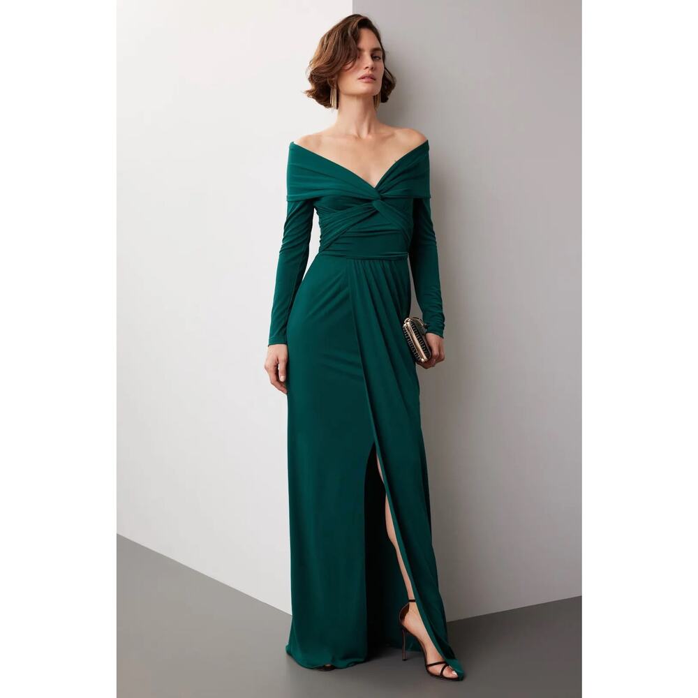 Zac Posen‎ Wrapped Around Hunter Green Off Shoulder Long Sleeve Gown